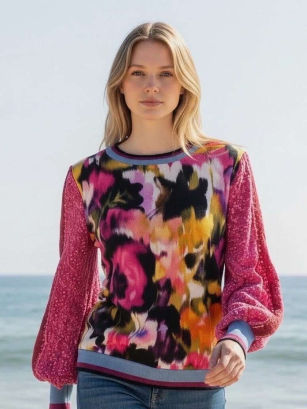 Anthropologie Bl-nk London Pullover Blouse M Pink Contrast Eyelet Puff Sleeve - Picture 4 of 12
